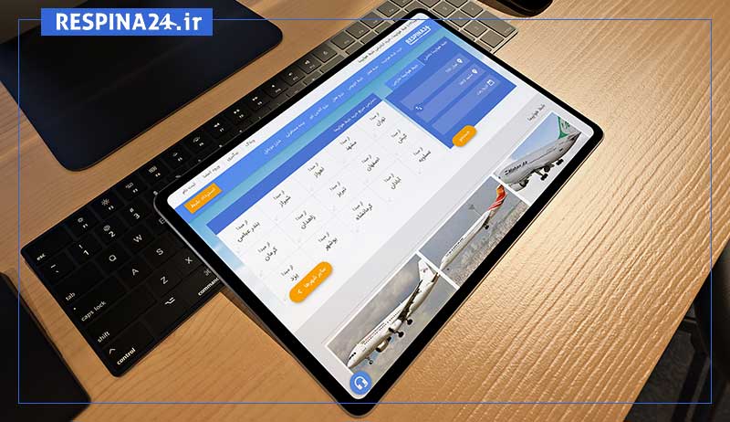 بنر تبلیغاتی آژانس مسافرتی رسپینا برای بلیط هواپیما نوشهر مشهد - یک تبلت با صفحه رزرو بلیط هواپیما سایت رسپینا